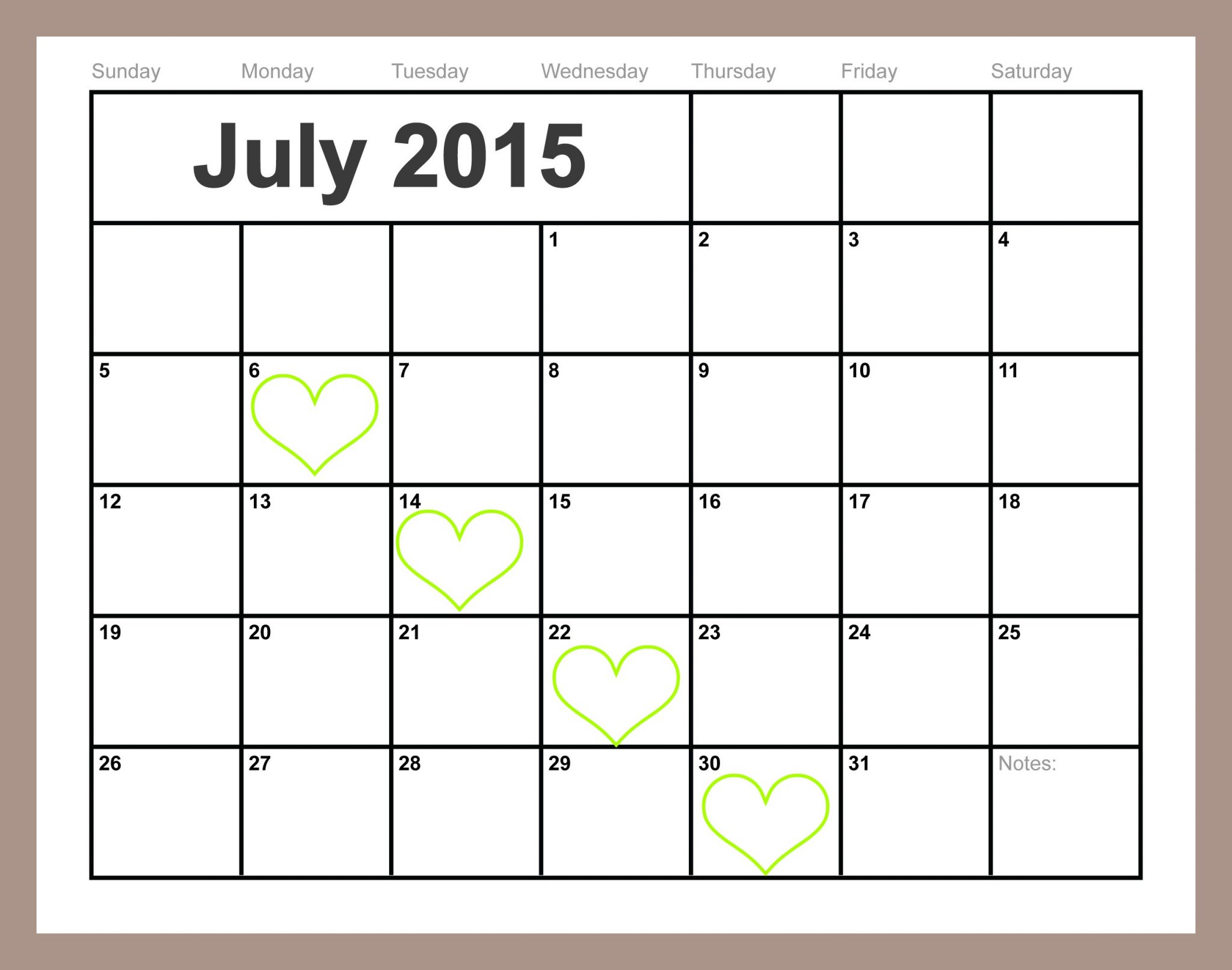 Free Printable July-2015 calendar